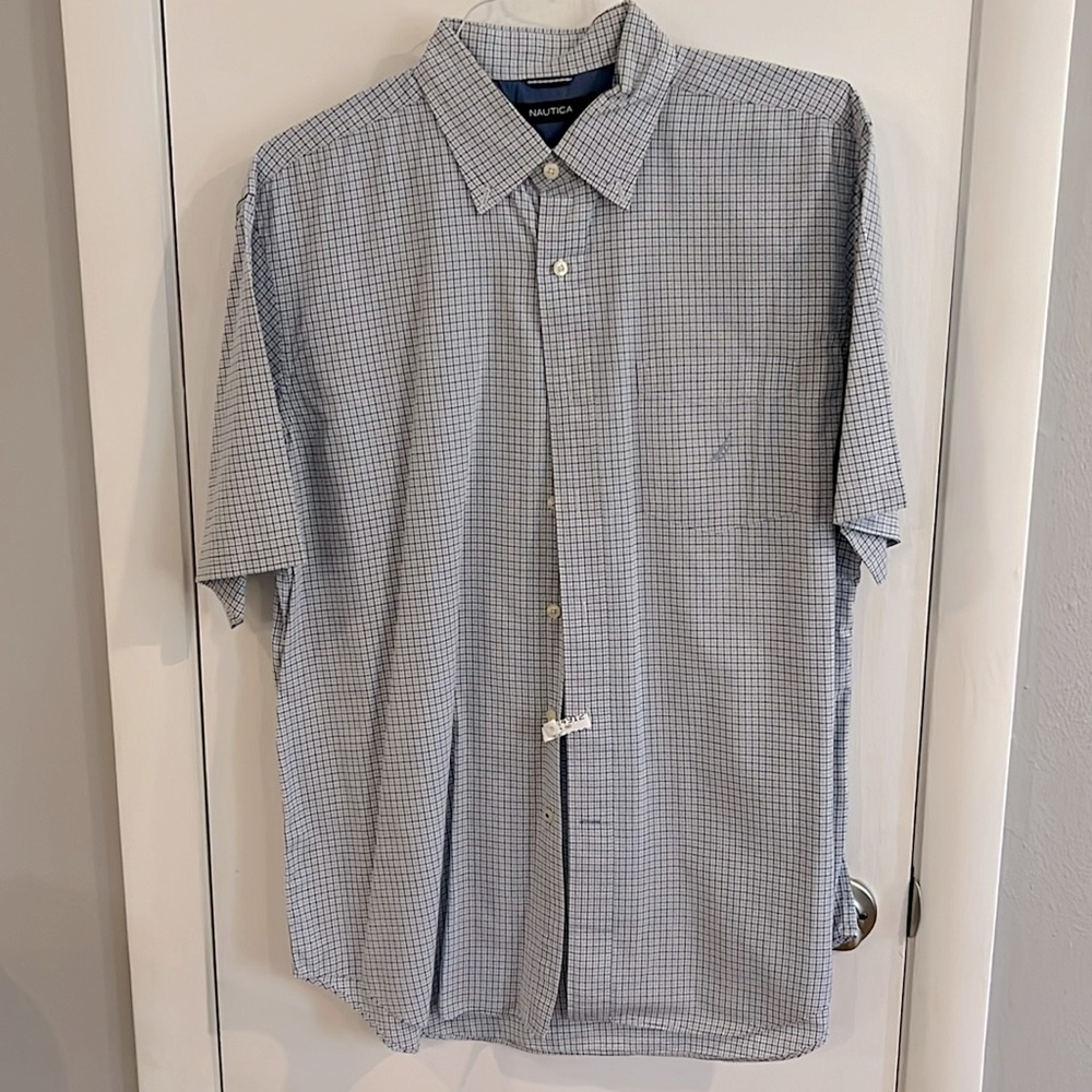 Men’s Button Down Short Sleeve Dress Shirt, Nautica, Size Large, Blue Mini-Plaid